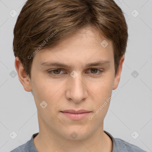 Neutral white young-adult male with short  brown hair and grey eyes