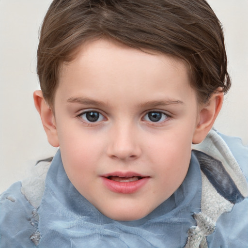 Joyful white child female with short  brown hair and grey eyes