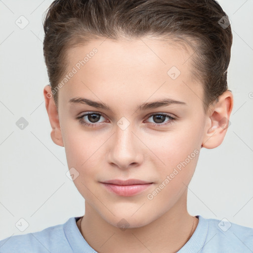 Joyful white child female with short  brown hair and brown eyes