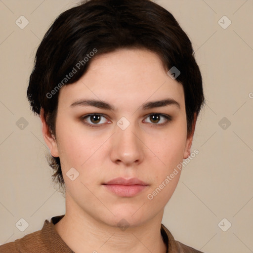 Neutral white young-adult female with short  brown hair and brown eyes