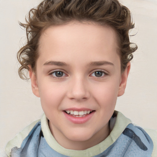 Joyful white child female with short  brown hair and brown eyes