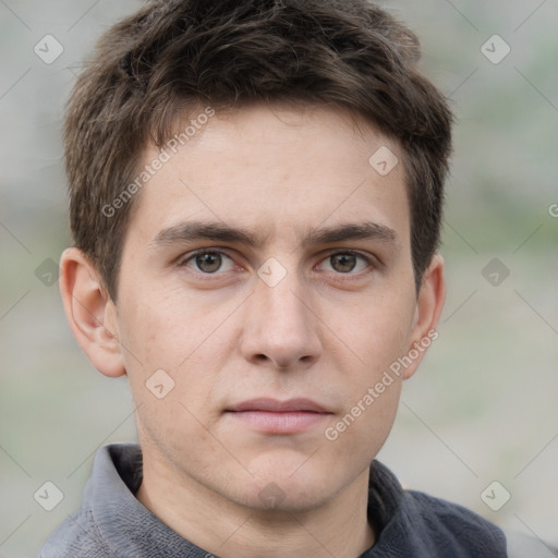 Neutral white young-adult male with short  brown hair and grey eyes