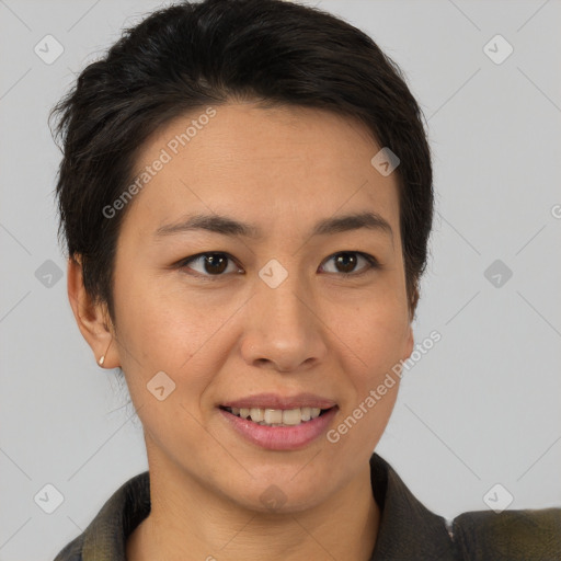 Joyful asian young-adult female with short  brown hair and brown eyes