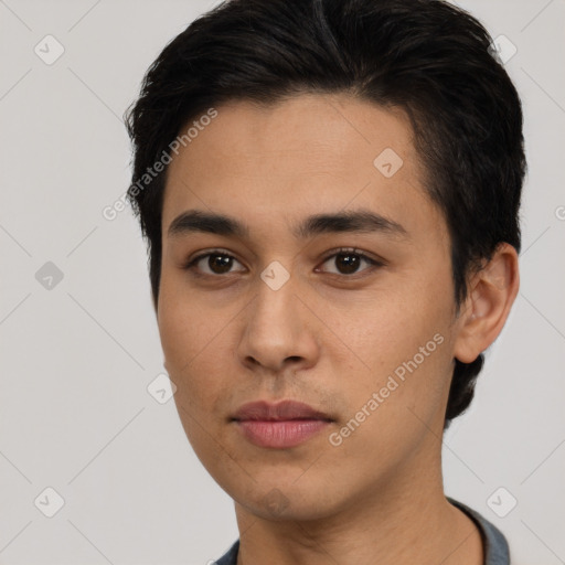 Neutral latino young-adult male with short  brown hair and brown eyes