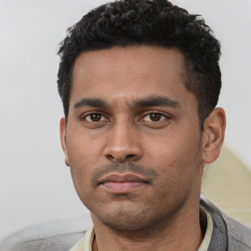 Neutral latino young-adult male with short  black hair and brown eyes