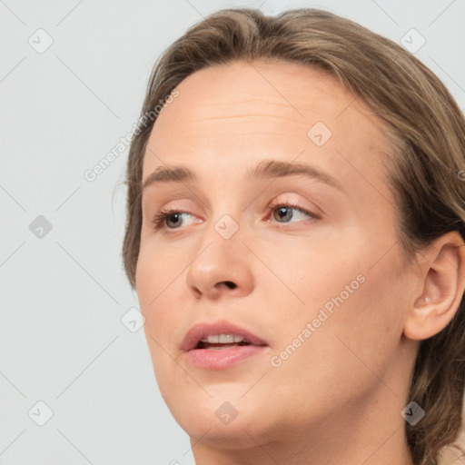 Neutral white young-adult female with medium  brown hair and brown eyes