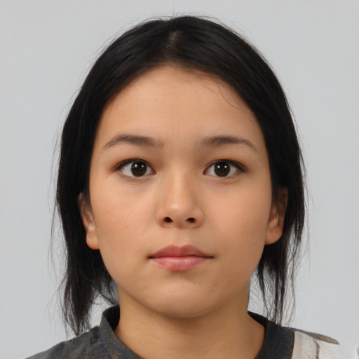 Neutral asian young-adult female with medium  brown hair and brown eyes