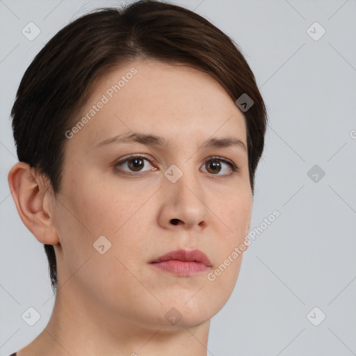 Neutral white young-adult female with short  brown hair and brown eyes