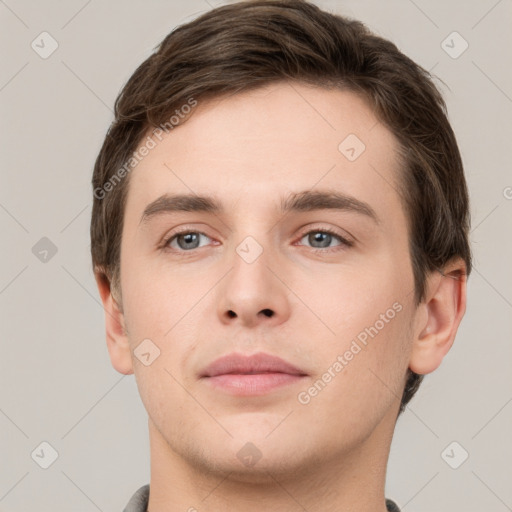 Neutral white young-adult male with short  brown hair and brown eyes