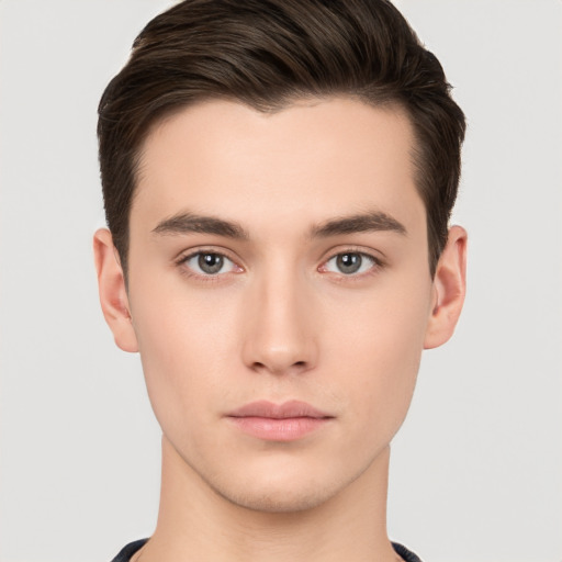 Neutral white young-adult male with short  brown hair and brown eyes