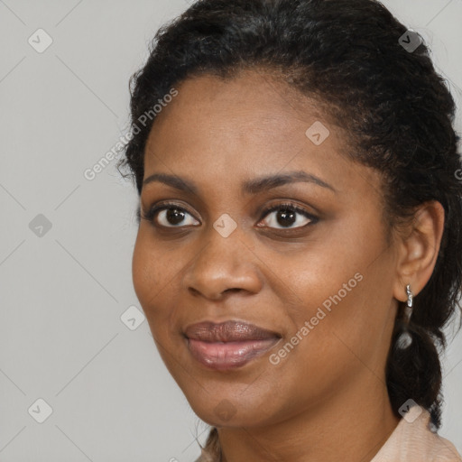 Joyful black young-adult female with medium  black hair and brown eyes