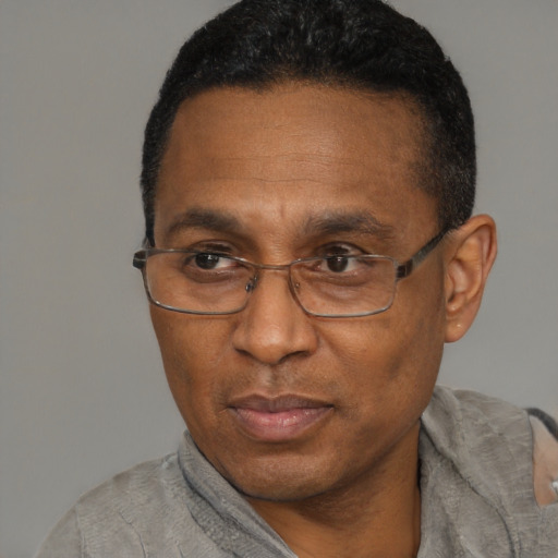 Neutral black adult male with short  black hair and brown eyes