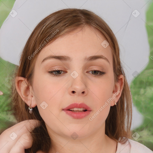 Joyful white child female with medium  brown hair and brown eyes