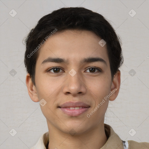 Joyful asian young-adult male with short  brown hair and brown eyes