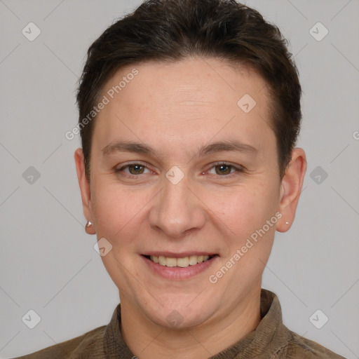 Joyful white adult female with short  brown hair and brown eyes