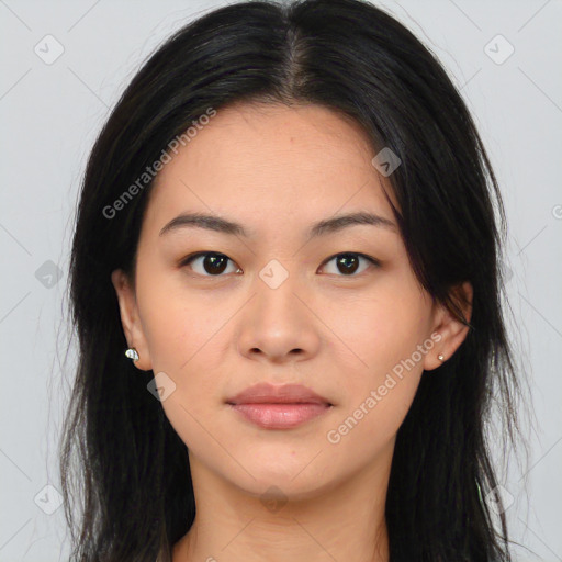 Neutral asian young-adult female with long  brown hair and brown eyes