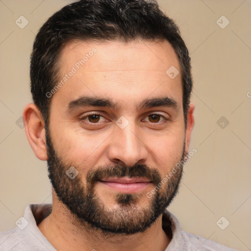 Joyful white young-adult male with short  black hair and brown eyes