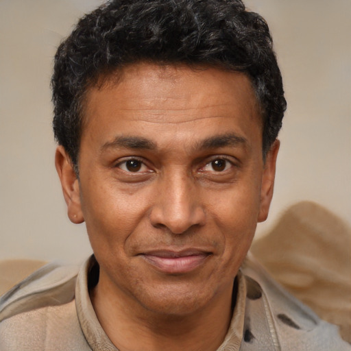 Joyful black adult male with short  brown hair and brown eyes
