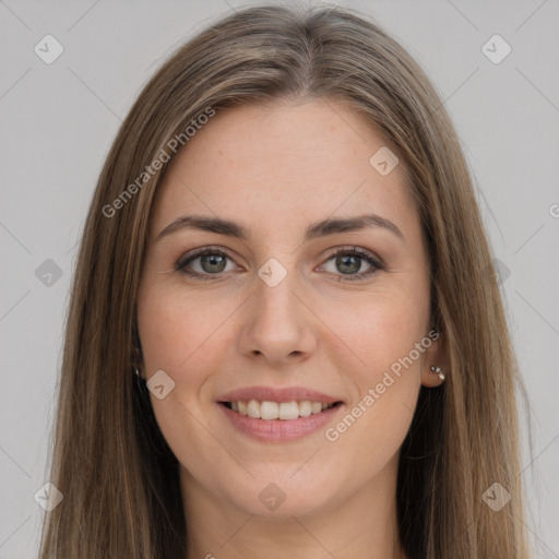 Joyful white young-adult female with long  brown hair and grey eyes