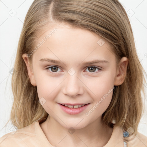 Joyful white child female with medium  brown hair and brown eyes