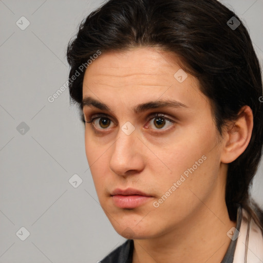 Neutral white young-adult female with medium  brown hair and brown eyes