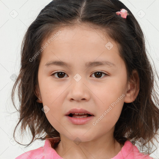 Joyful white child female with medium  brown hair and brown eyes