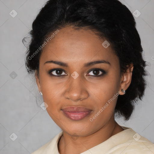 Joyful black young-adult female with medium  black hair and brown eyes