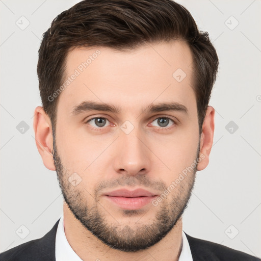 Neutral white young-adult male with short  brown hair and brown eyes