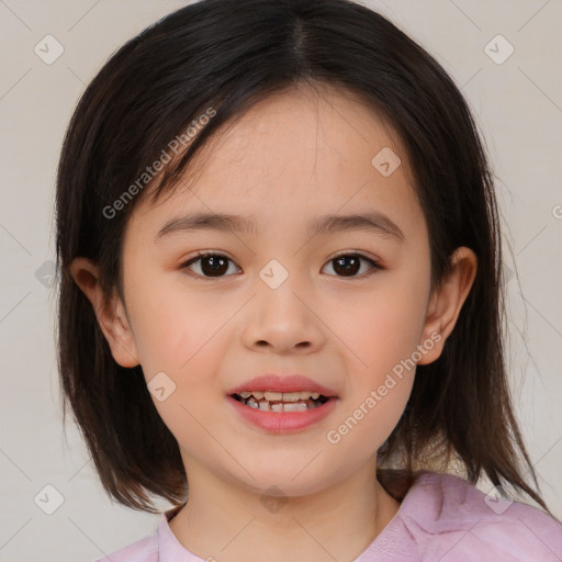 Joyful white child female with medium  brown hair and brown eyes