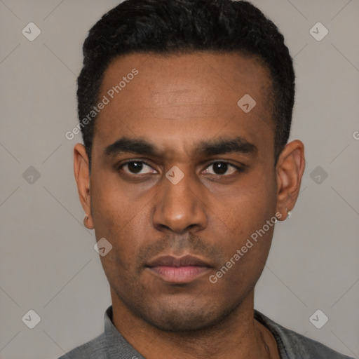 Neutral latino young-adult male with short  black hair and brown eyes