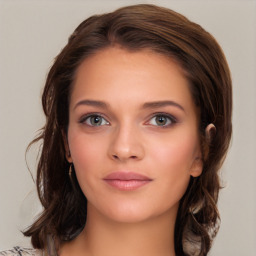 Neutral white young-adult female with medium  brown hair and blue eyes