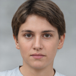 Neutral white young-adult female with short  brown hair and grey eyes