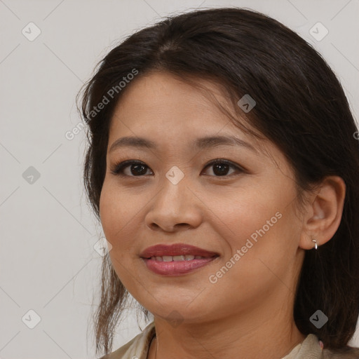 Joyful white young-adult female with medium  brown hair and brown eyes