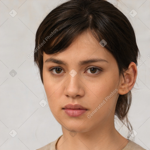 Neutral white young-adult female with medium  brown hair and brown eyes