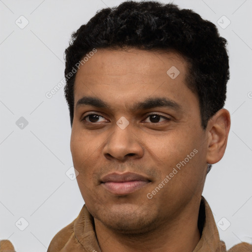 Neutral latino young-adult male with short  black hair and brown eyes