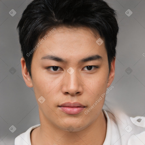 Neutral asian young-adult male with short  brown hair and brown eyes