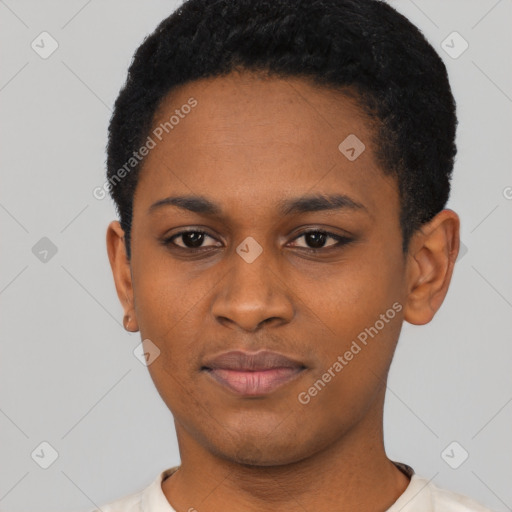 Neutral black young-adult female with short  black hair and brown eyes