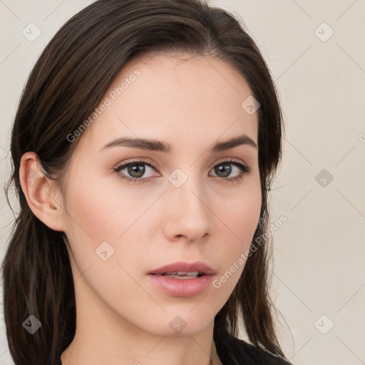 Neutral white young-adult female with medium  brown hair and brown eyes