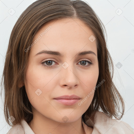 Neutral white young-adult female with medium  brown hair and brown eyes