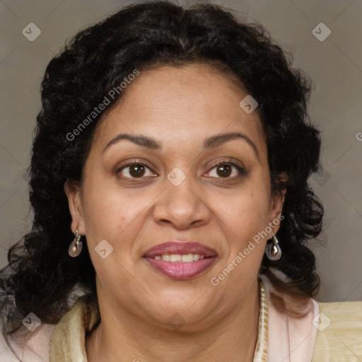 Joyful latino adult female with medium  brown hair and brown eyes