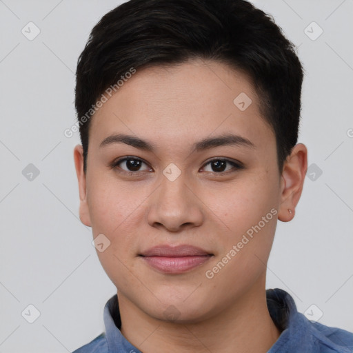 Joyful asian young-adult female with short  brown hair and brown eyes