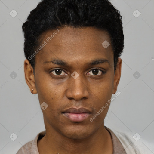 Neutral black young-adult male with short  black hair and brown eyes