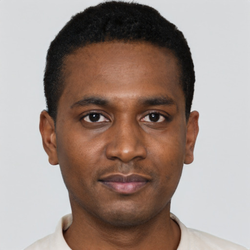 Neutral black young-adult male with short  black hair and brown eyes