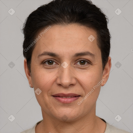 Joyful white adult female with short  brown hair and brown eyes