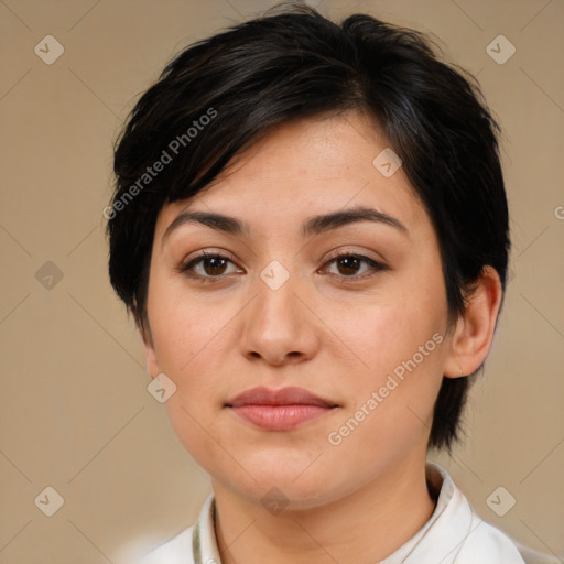 Joyful white young-adult female with medium  brown hair and brown eyes