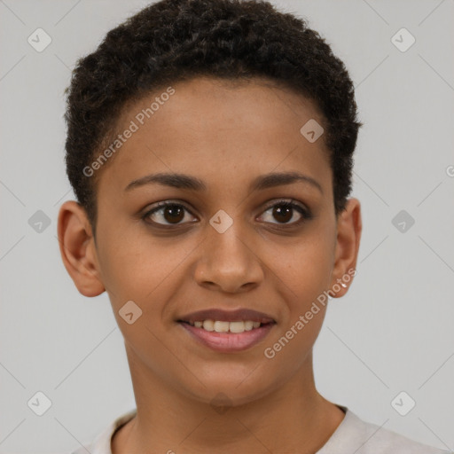 Joyful latino young-adult female with short  brown hair and brown eyes