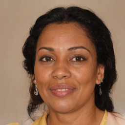 Joyful black adult female with medium  brown hair and brown eyes