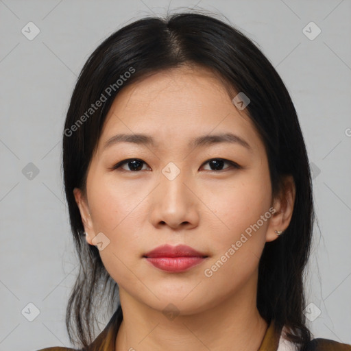 Neutral asian young-adult female with medium  black hair and brown eyes