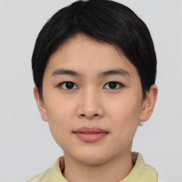 Neutral asian young-adult female with short  black hair and brown eyes