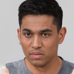 Neutral white adult male with short  black hair and brown eyes